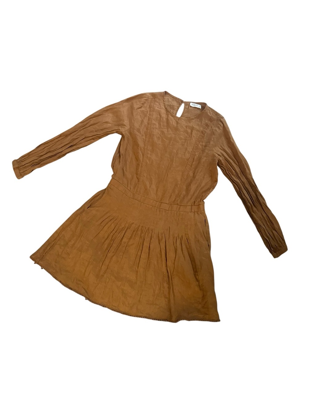 Frieeah Camel Linen Blend Long Sleeve Drop Waist Mini Dress Cottagecore Boho L - Picture 10 of 10